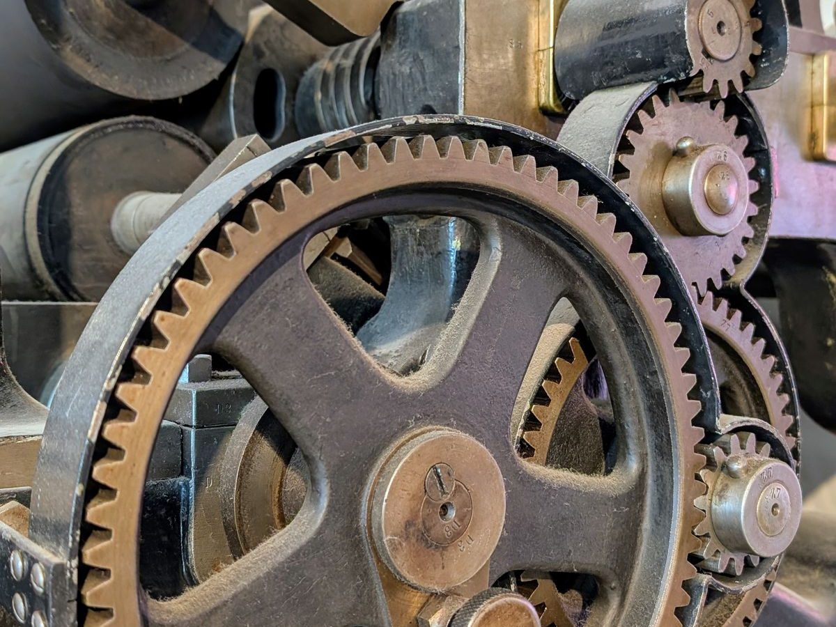 Precision gears inside industrial printing equipment